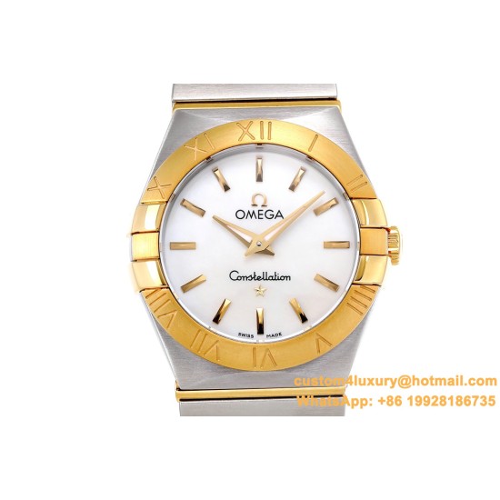 OMEGA - Constellation Ladies 28mm YG/SS Wht MOP Stk 8848F Swiss Qtz