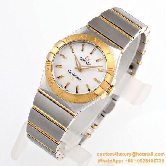 OMEGA - Constellation Ladies 28mm YG/SS Wht MOP Stk 8848F Swiss Qtz