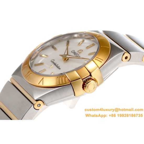 OMEGA - Constellation Ladies 28mm YG/SS Wht MOP Stk 8848F Swiss Qtz