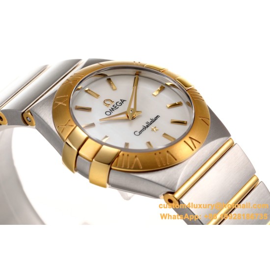 OMEGA - Constellation Ladies 28mm YG/SS Wht MOP Stk 8848F Swiss Qtz