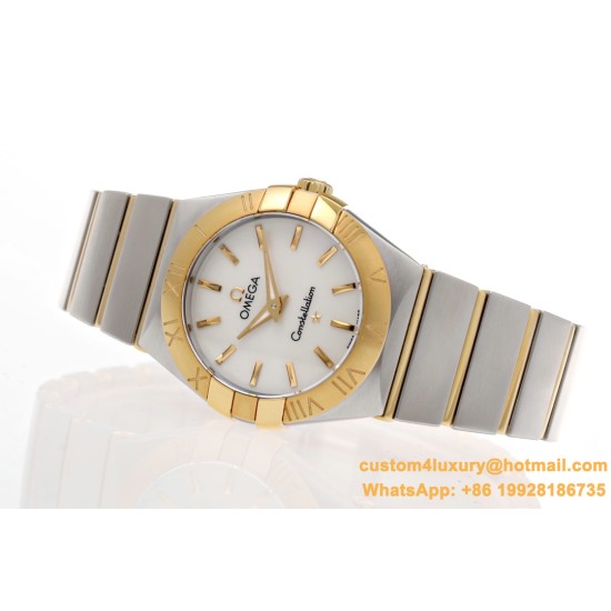 OMEGA - Constellation Ladies 28mm YG/SS Wht MOP Stk 8848F Swiss Qtz