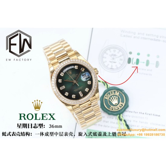 Rolex - DayDate 36mm Dia Pres YG/YG Green Diam EWF A3255 Mod