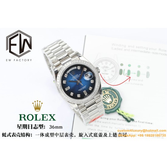 Rolex - DayDate 36mm Dia Pres SS/SS G-Blue Diam EWF A3255 Mod