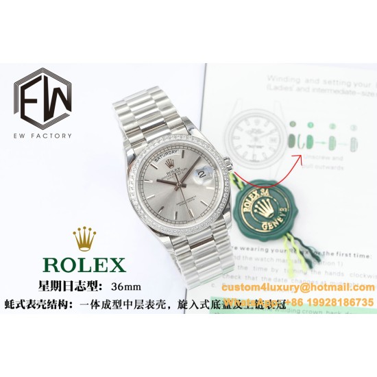 Rolex - DayDate 36mm Dia Pres SS/SS Silv Wht Stk EWF A3255 Mo