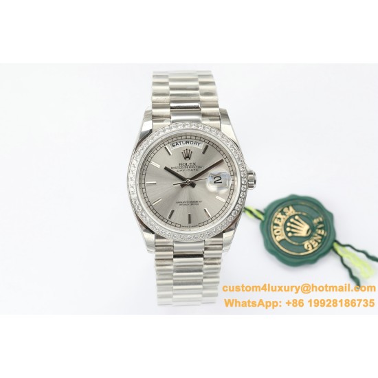 Rolex - DayDate 36mm Dia Pres SS/SS Silv Wht Stk EWF A3255 Mo