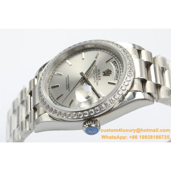 Rolex - DayDate 36mm Dia Pres SS/SS Silv Wht Stk EWF A3255 Mo
