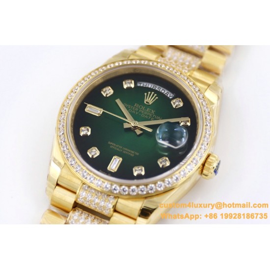 Rolex - DayDate 36mm Dia Pres YG/YG Green Diam EWF A3255 Mod
