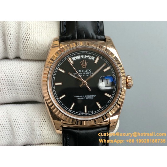 Rolex - DayDate 36mm Flt Pres RG/LE Black Stk EWF A2836