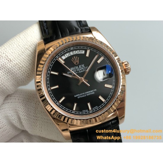 Rolex - DayDate 36mm Flt Pres RG/LE Black Stk EWF A2836