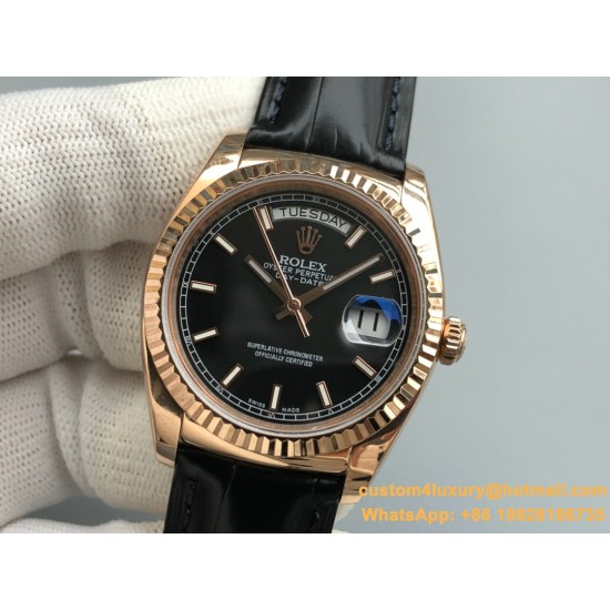 Rolex - DayDate 36mm Flt Pres RG/LE Black Stk EWF A2836