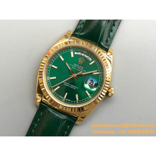 Rolex - DayDate 36mm Flt Pres YG/LE Green Dial Stk EWF A2836