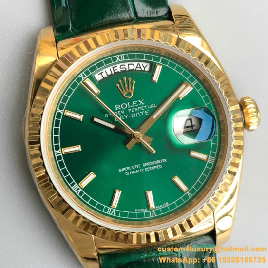 Rolex - DayDate 36mm Flt Pres YG/LE Green Dial Stk EWF A2836